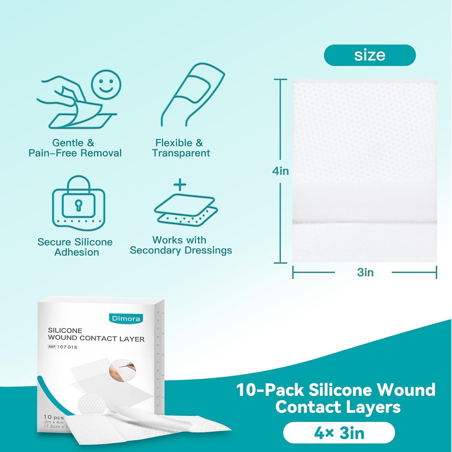 Dimora Silicone Wound Contact Layer, Non-adhering Dressing, Transparent Wound Dressing Pads, 3in x