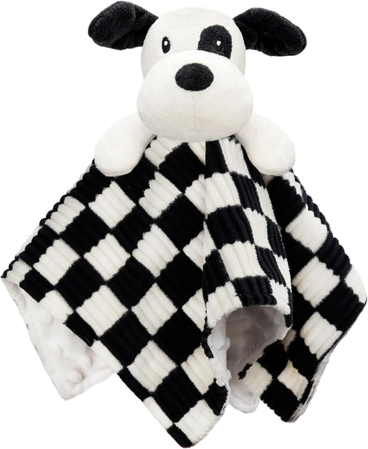 Baby Security Blanket for Boys Girls, High Contrast Super Soft 3D Checkerboard Gingham with Minky Dot Fabric Backing Snuggle Stuffed Animal Blankie Puppy Lovely Black 14 Inch