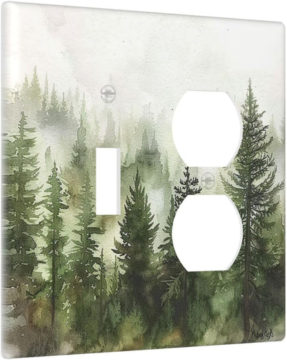 Wallplates Green Forest Watercolor Painting Foggy Pine 1 Toggle 1 Duplex Switch Plate Electrical GFCI Faceplate Decorative Light Switch Covers for Bedroom living Room Decor