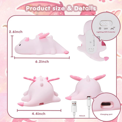 Cute Baby Dragon Kids Night Light for Kids,Cute Soft Silicone Lamp 3 Level Dimmable Changing Rechargeable Breastfeeding Nursery Portable Kawaii Lamps,Bedside Lamp for Baby and Toddler,Boy Girls（Pink）