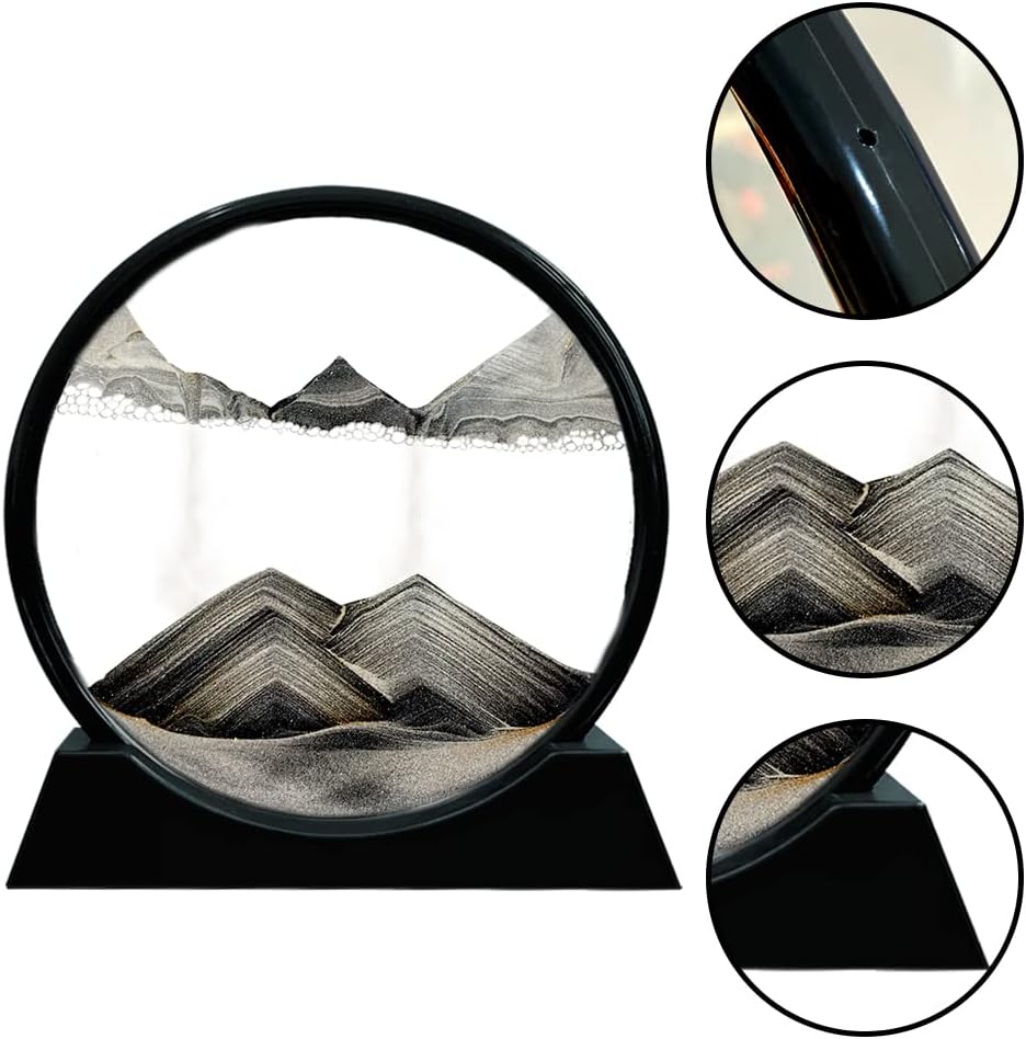 Aoderun Moving Sand Art Picture Round Glass 3D Deep Sea Sandscape in Motion Display Flowing Sand Frame Relaxing Desktop Home Office Work Decor (7", Black)