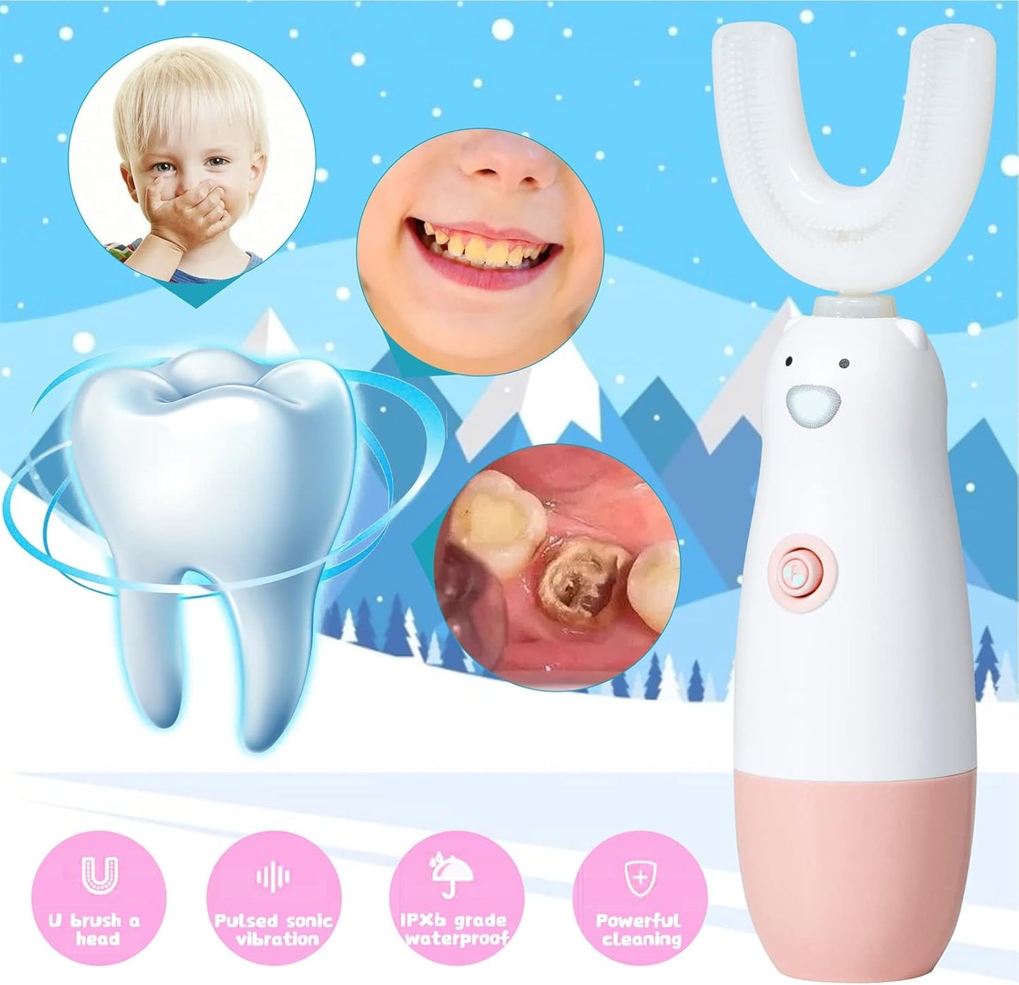 Kids Electric Toothbrush，U Shaped Toothbrush Waterproof Battery Powered 360 Automatic Sonic Toddler