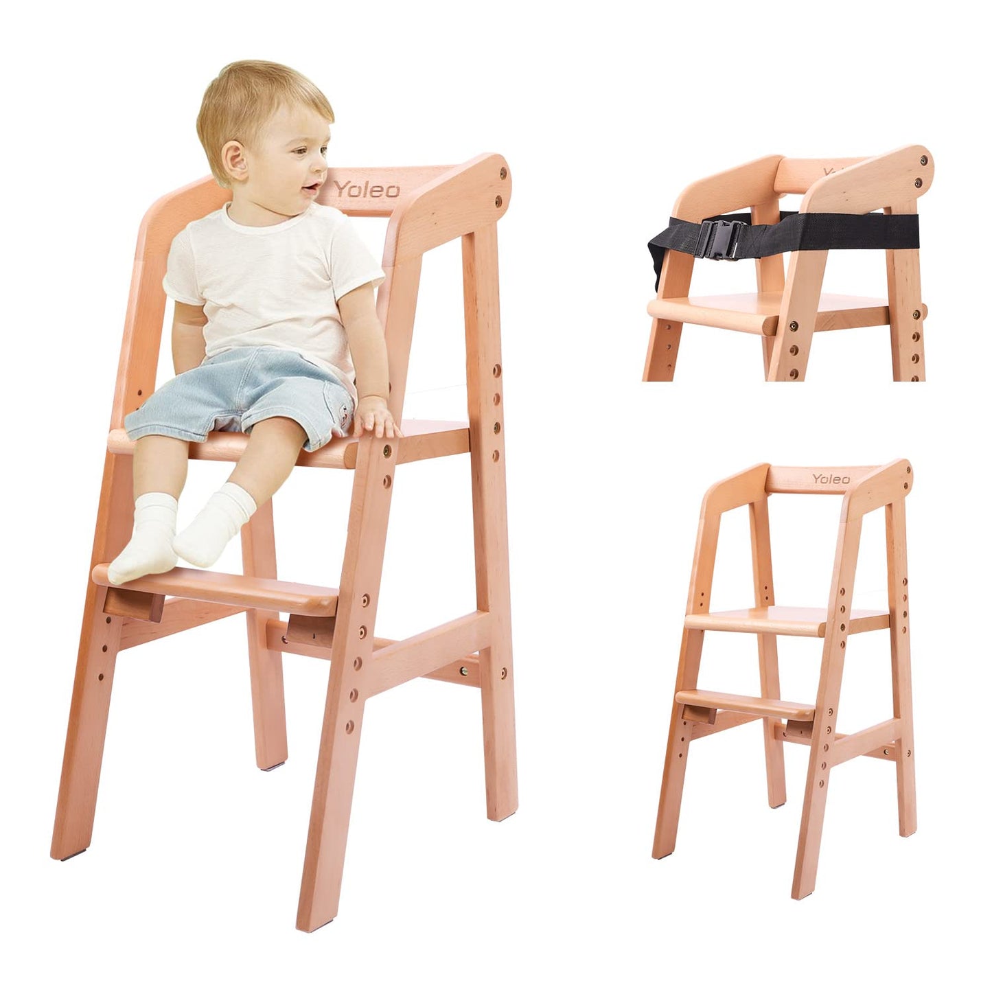 YOLEO High Chair Wooden for Toddlers Junior Childs, Sturdy Durable Dining Feeding Chair with Steps