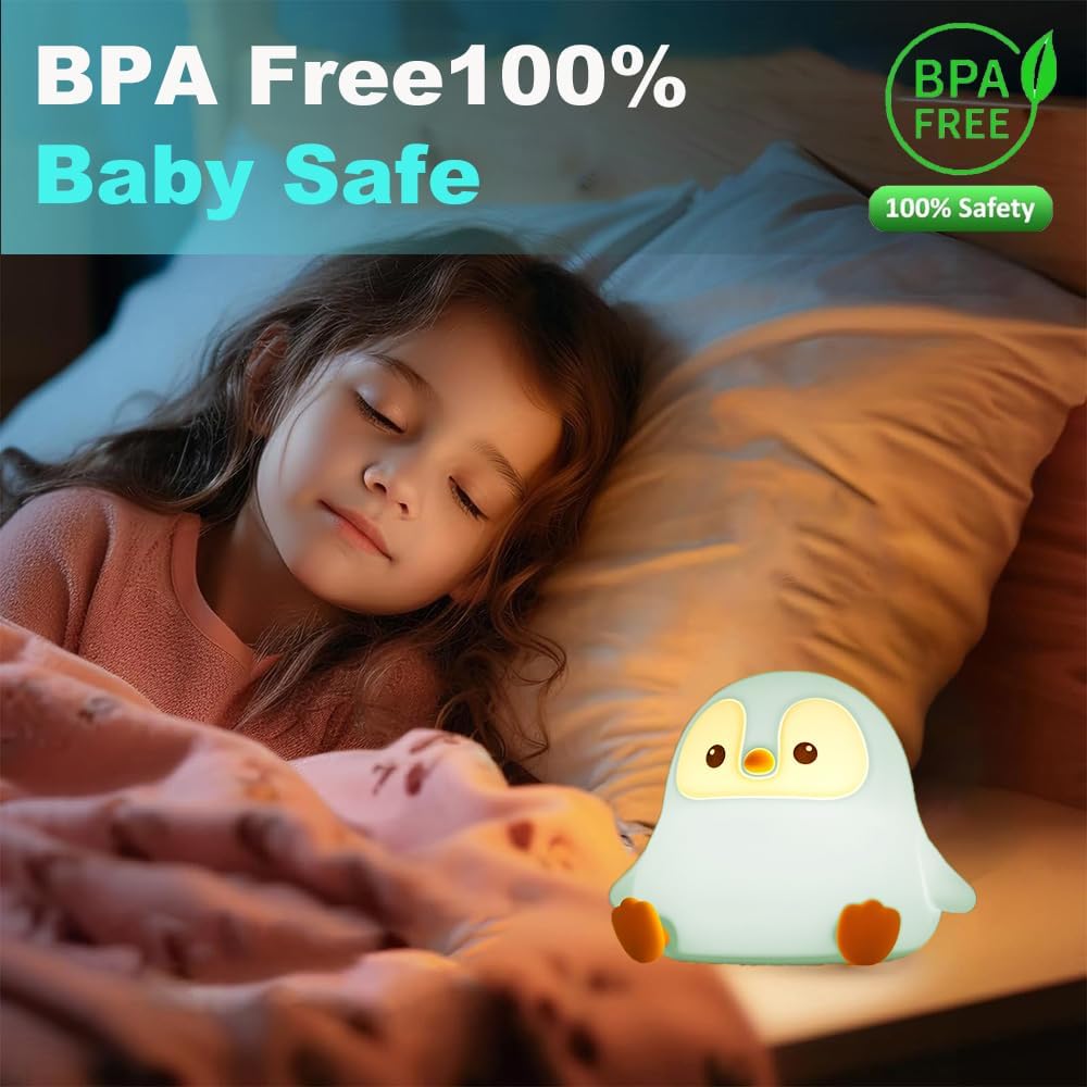 Cute Penguin Night Light for Kids Bedroom, Animal Silicone Nursery Night Lamp Touch Control Nightlights USB Rechargeable Bedside Lamp for Baby Children Toddlers Girls Gift