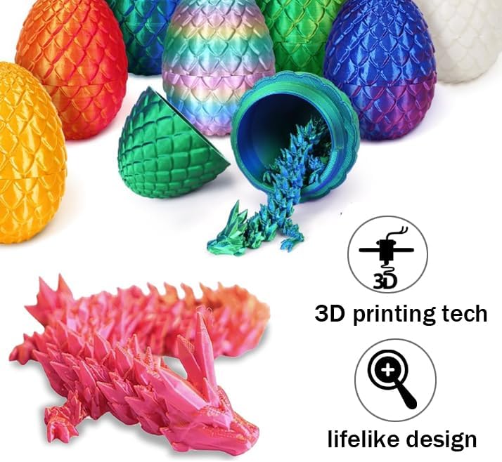 Cessfle 3D Printed Dragon in Egg, Crystal Dragon Eggs with Dragon Inside, Full Articulated Dragon Eggs 3D Dragon Toys, Mystery Dragon Egg for House of Dragon, 3D Printed Animals Fidget Toys