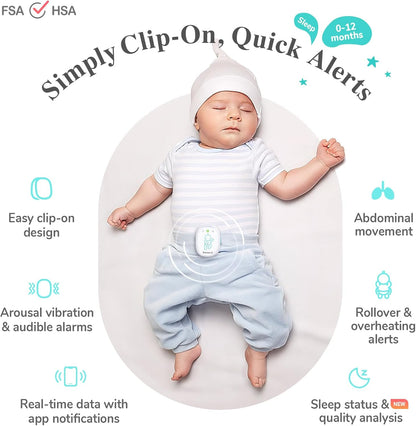 Sense-U Smart Baby Monitor Pro with Arousal Vibration, Audible and App Alerts: Tracks Abdominal Movement, Rollover, Feeling Temperature, Portable & Wearable Smart Sleep Monitor, Green
