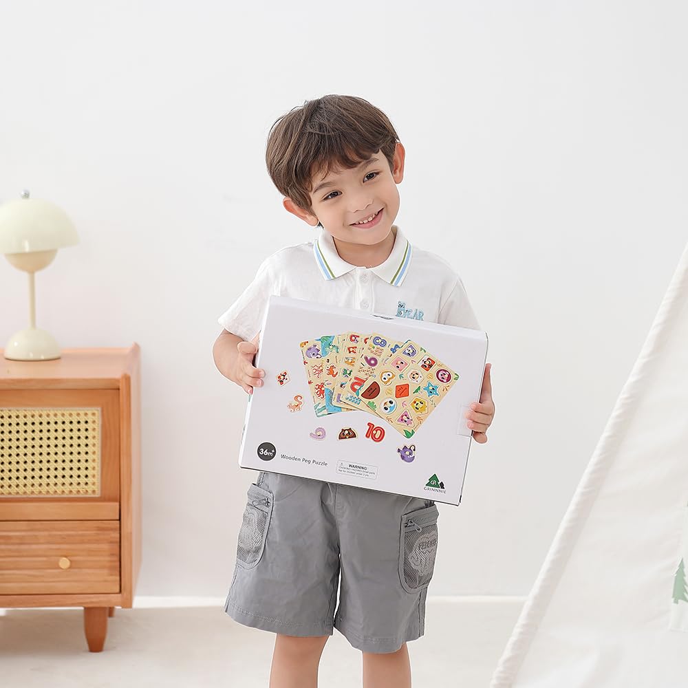 GRINNNIE Wooden Puzzles for Toddlers 3 4 5 Years Old, Montessori Toddler Toys 5PCS Peg Puzzles with
