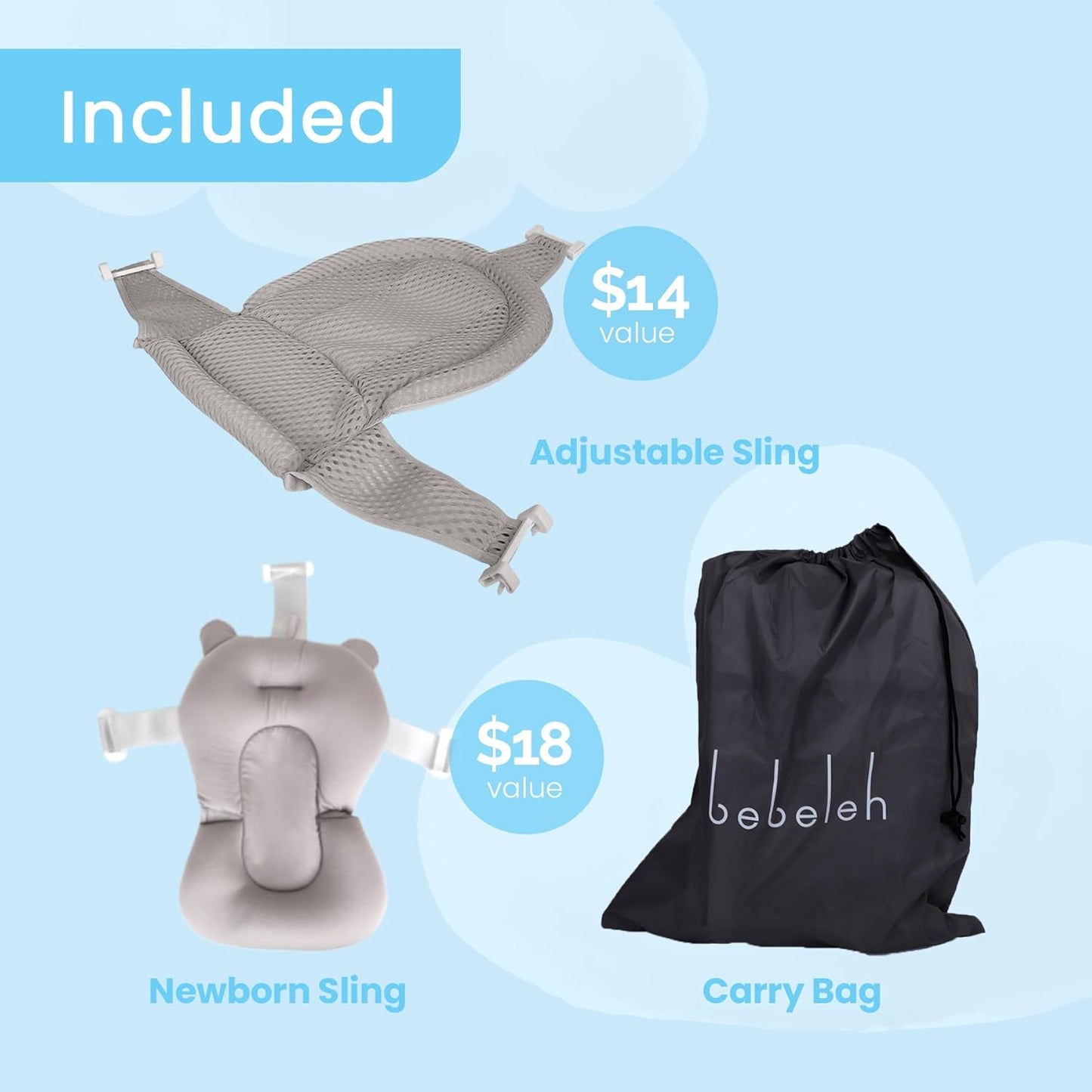 BEBELEH™ Collapsible Baby Bathtub – Bathtub + Baby tub Sling + Newborn Sling – Baby Bathtub Newborn