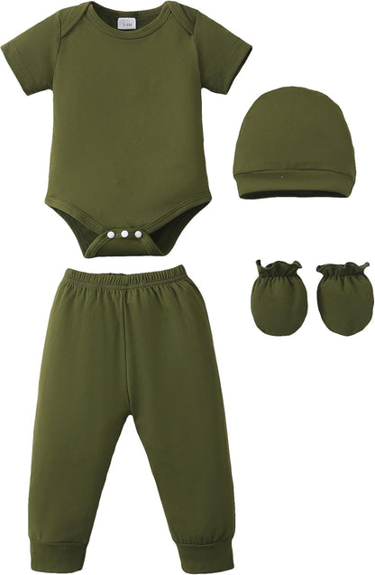 NZRVAWS Newborn Baby Boy Girl Clothes Unisex Infant Romper Pants Set Hat 4-Pack Outfits 0-12 Months 16 Pieces Toddler