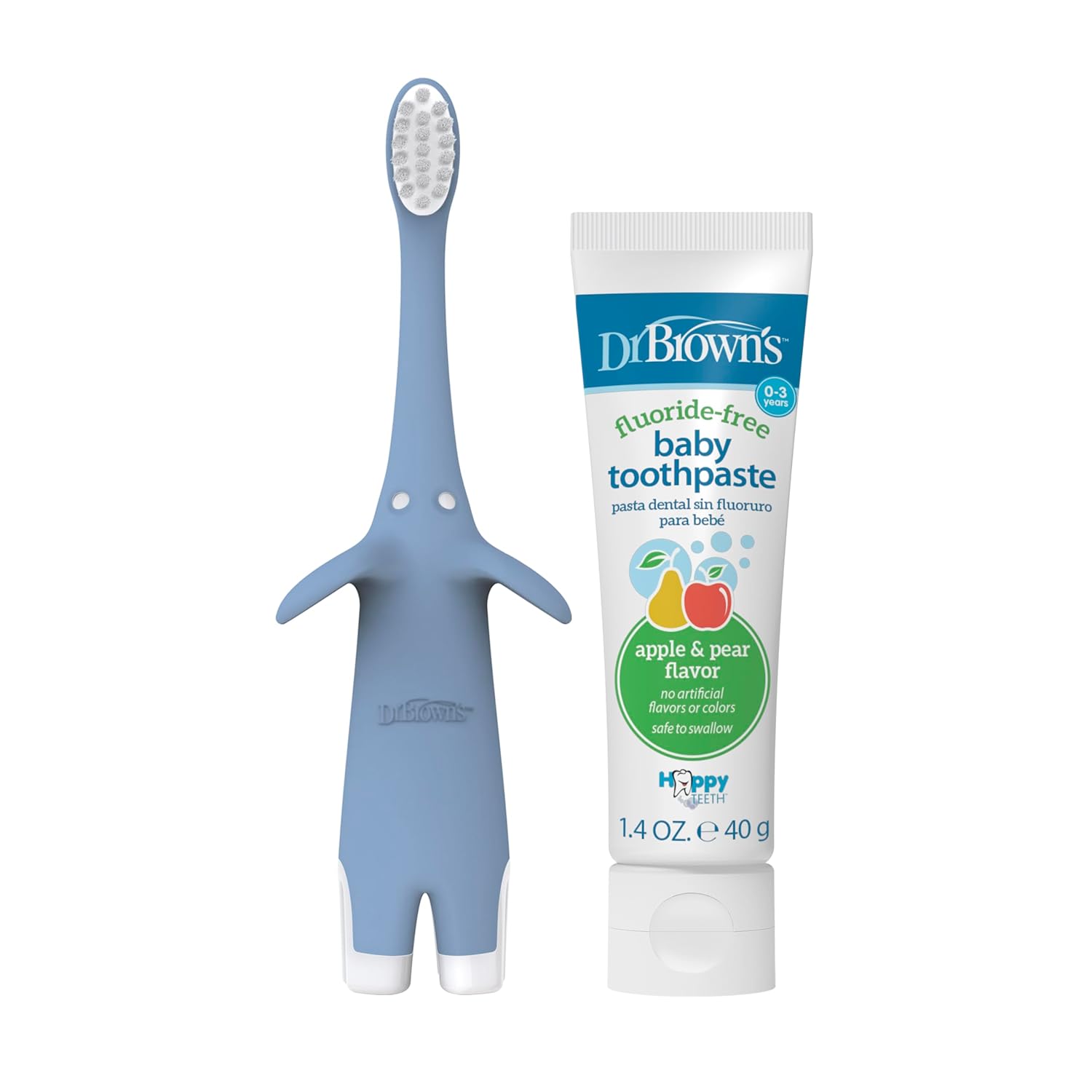 Dr. Brown's Infant-to-Toddler Training Toothbrush Set, Blue Elephant with Fluoride-Free Apple Pear