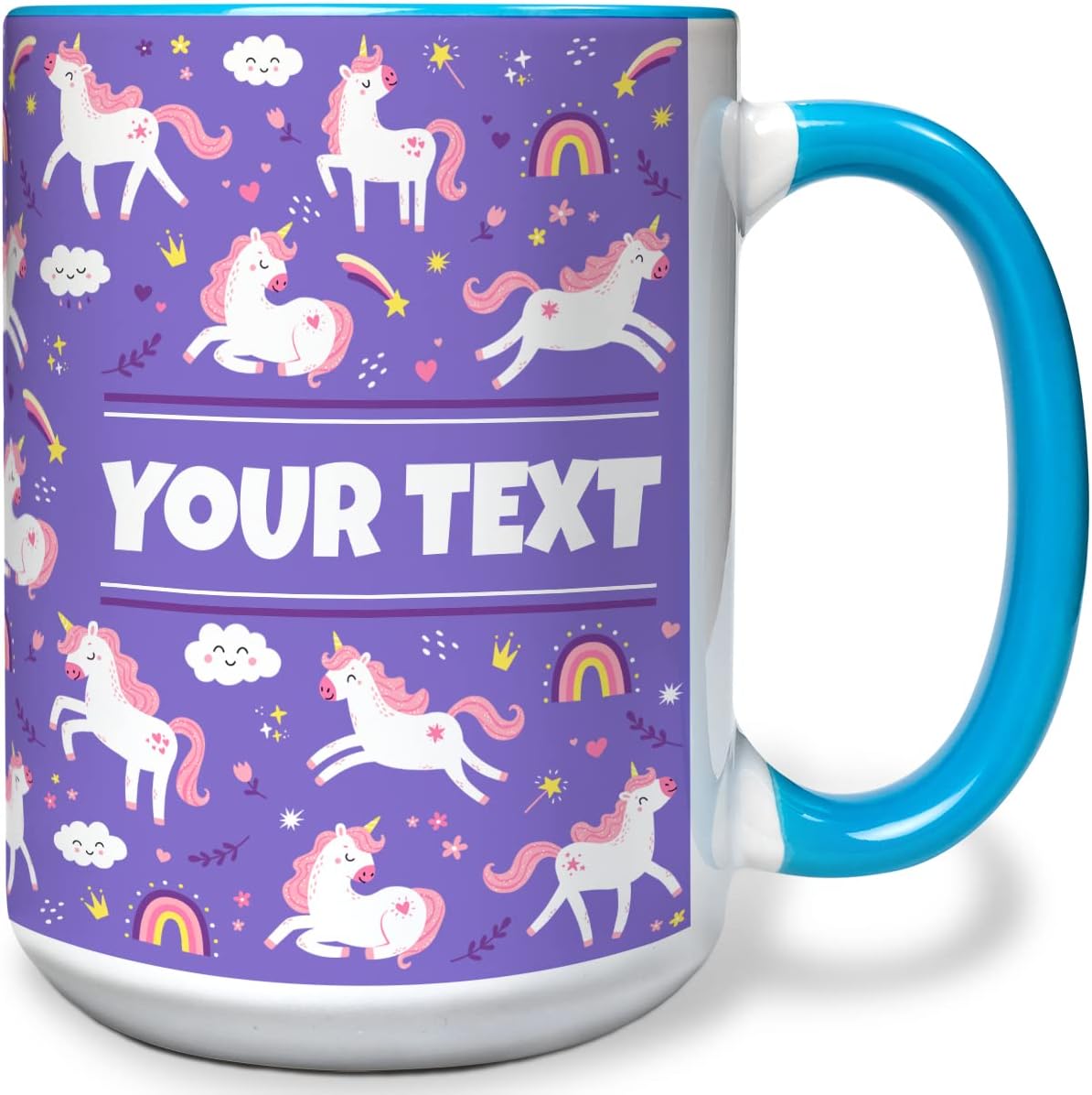 Personalized Mug for Kids - Purple Unicorn - Custom Name/Text, Ceramic Hot Chocolate/Cocoa/Coffee Cup for Girls, Birthday/Christmas/Holiday Gift - 15 oz, Light Blue Handle