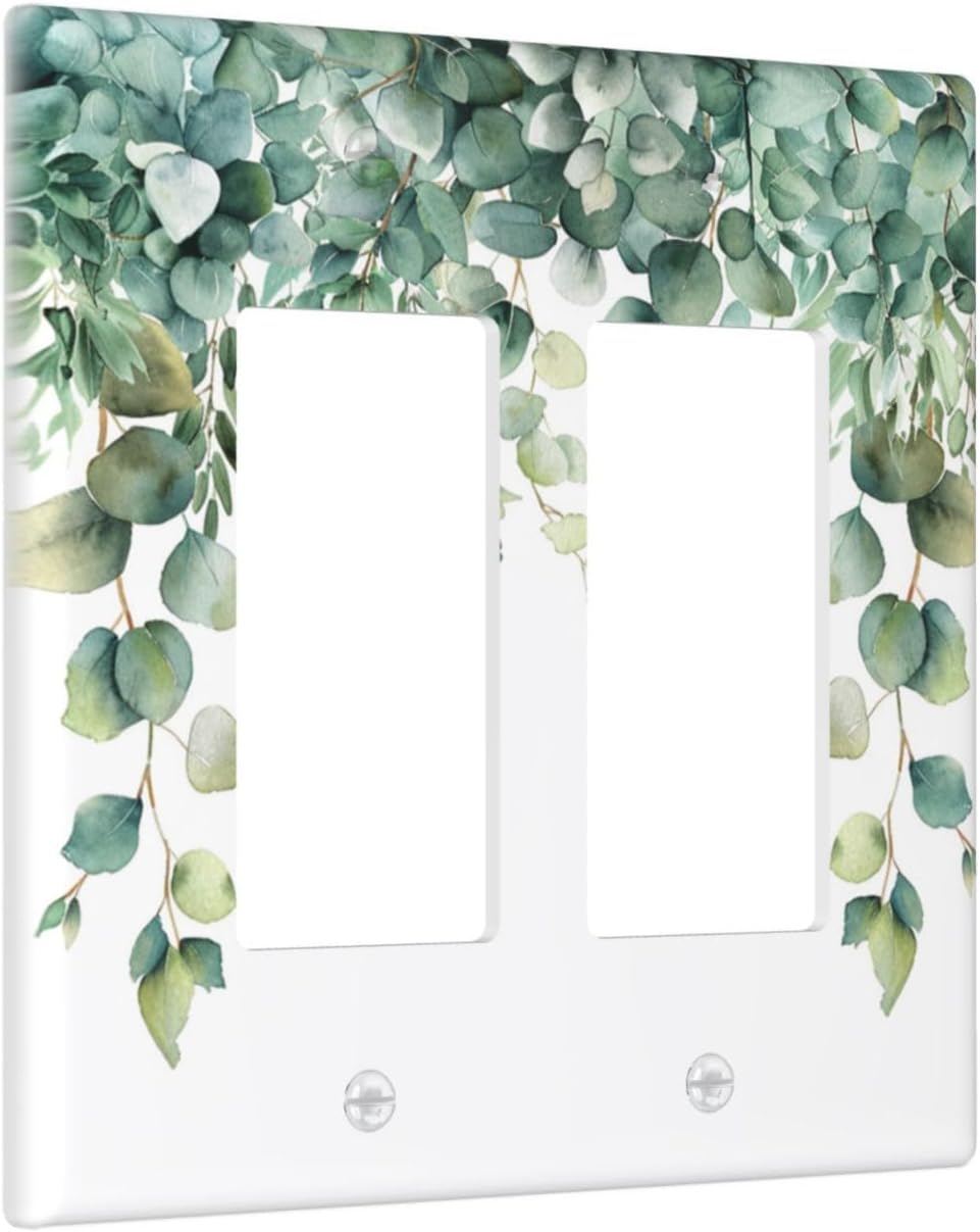 Decorative Outlet Covers Rustic Green Eucalyptus Leaves 2 Gang Wall Plate Double Rocker Two Switch Wall Cover Plate Light Switch Cover Plate Faceplate for Country Bedroom Home Decor