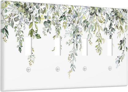 Light Switch Covers Boho Farmhouse Flower Leaf Sage Green Quad Toggle Electrical Faceplate 4 Gang Wall Plate Decorative Switch Plates for Bedroom Cabin Decor