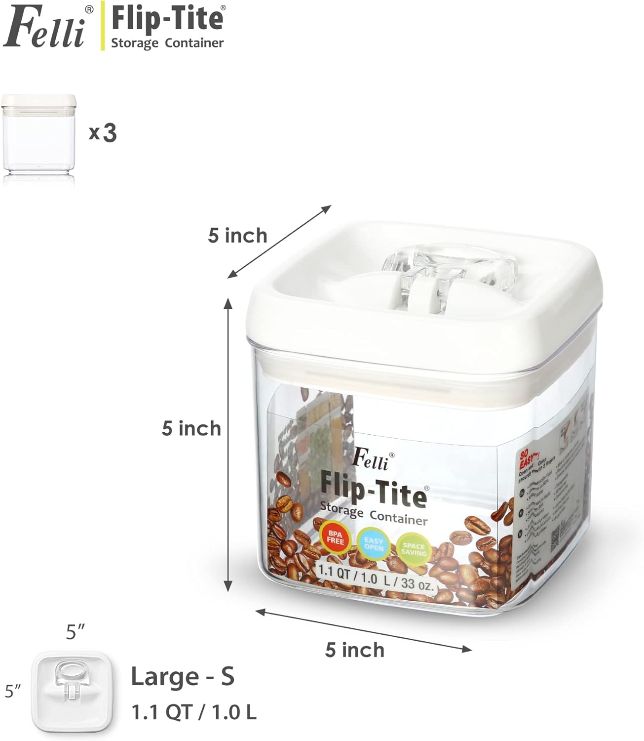 Felli Flip Tite Food Storage Container 5" LARGE Size Airtight Lid Lock Top, Stackable Kitchen