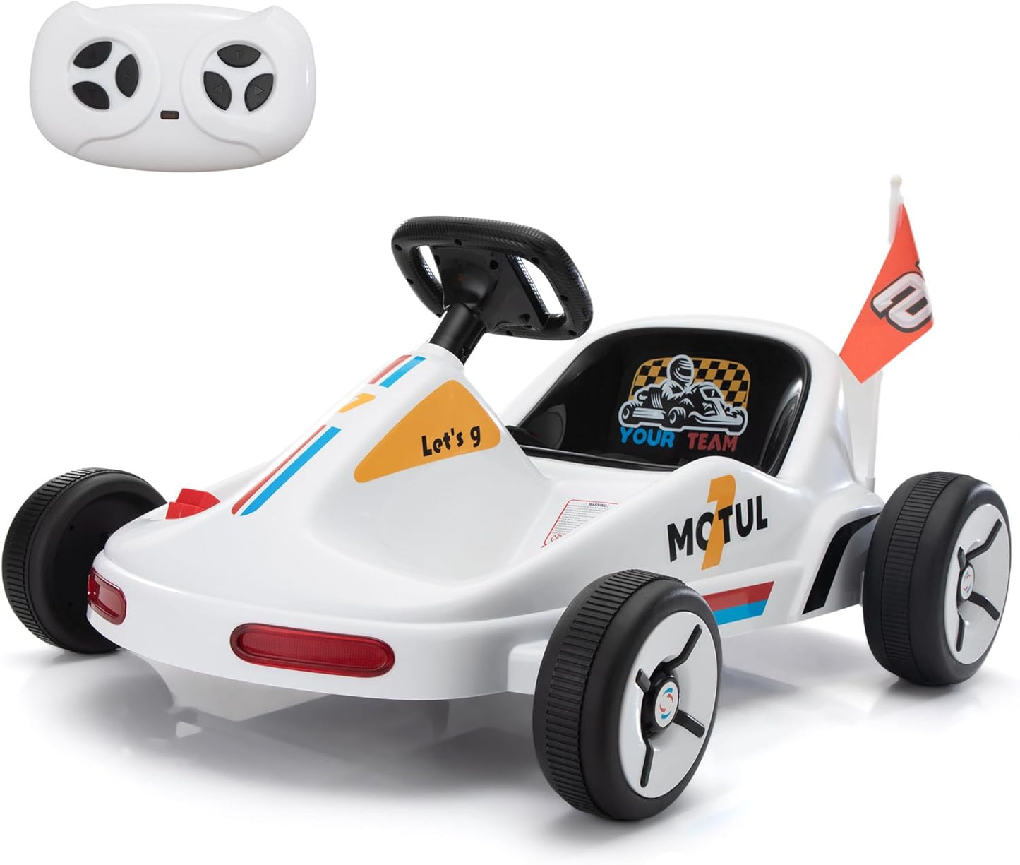 TOBBI 12V Electric Go Kart for Kids Battery Powered Ride on Car Outdoor Race Toy with Remote Control, Safety Belt, Music, LED Lights and Flags for Toddlers 3-8 Years, White