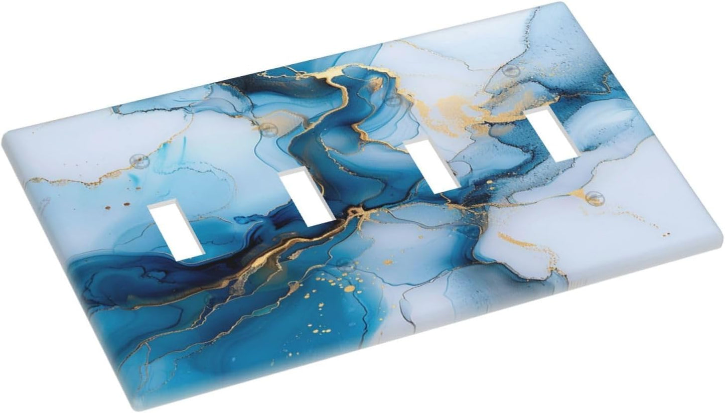 Decorative Switch Covers Plate Modern Abstract Blue Gold Line Marble 4 Gang Artistic Wall Plate Unique Quad Toggle Light Switch Plate Jumbo Faceplate for Kitchen Bedroom Home Decor