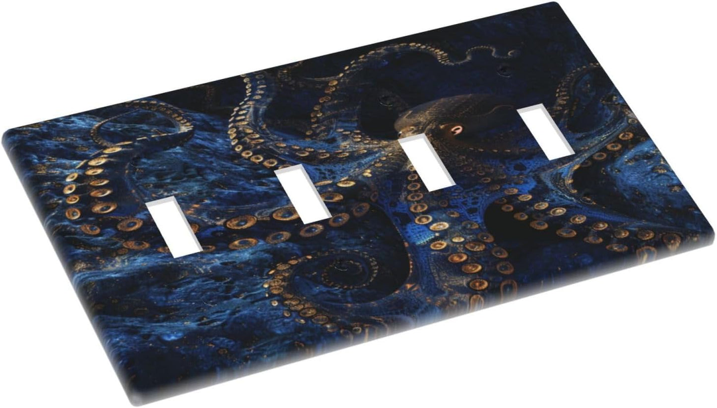 Decorative Switch Covers Plate Horror Night Blue Ocean Evil Octopus 4 Gang Artistic Wall Plate Unique Quad Toggle Light Switch Plate Jumbo Faceplate for Bathroom Bedroom Home Decor