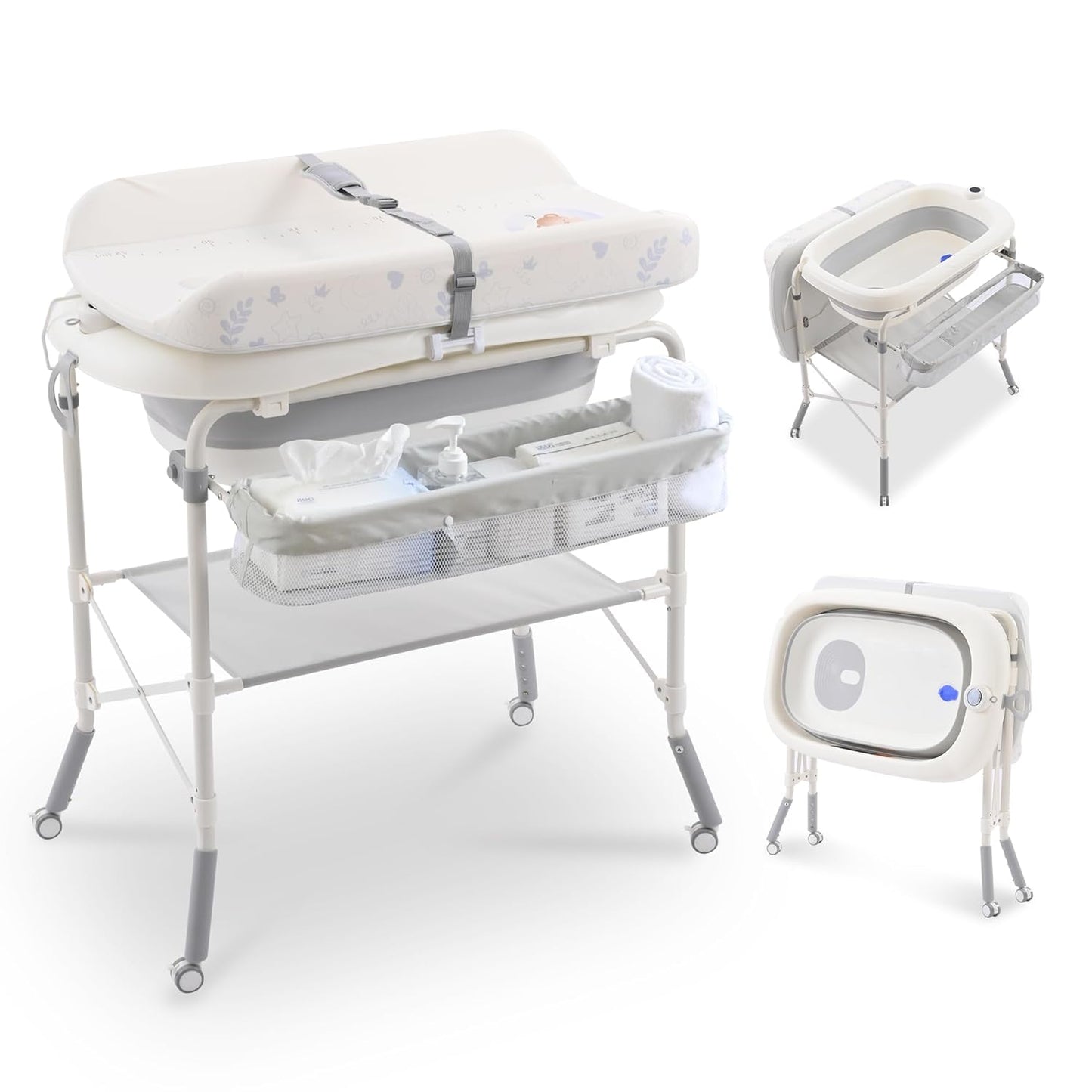 2-in-1 Baby Bathtub with Changing Table, Foldable Diaper Changing Station with 4 Wheels, Waterproof
