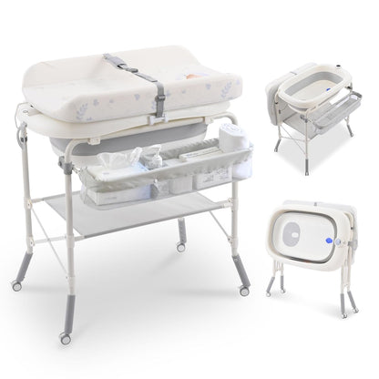 2-in-1 Baby Bathtub with Changing Table, Foldable Diaper Changing Station with 4 Wheels, Waterproof
