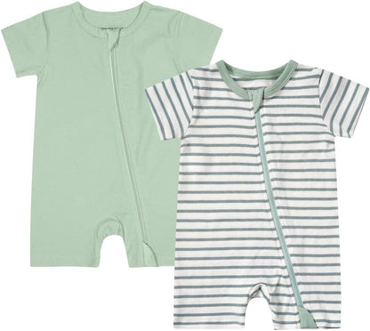 Teach Leanbh Unisex Baby 2 Pack Pajamas Cotton Short Sleeve 2 Way Zipper Stripe Soild Romper Jumpsuit Sleep and Play