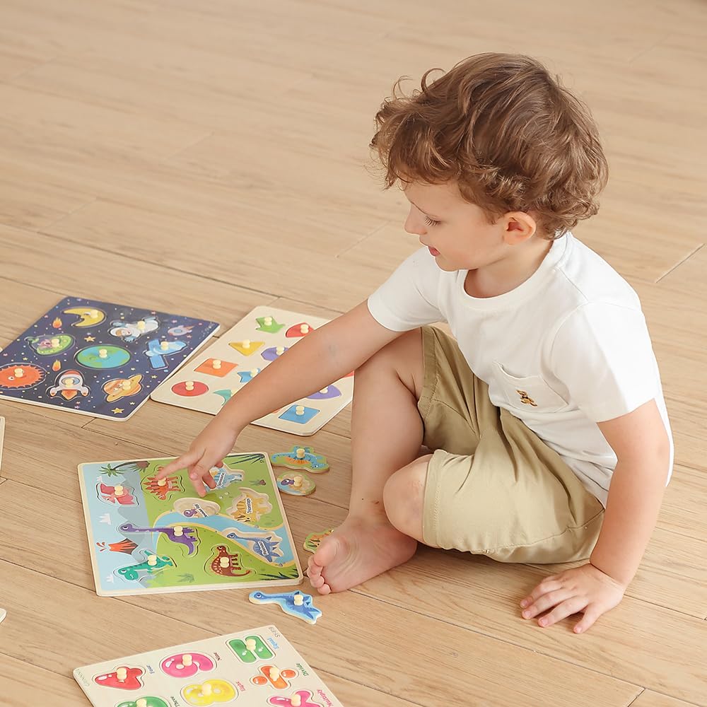 GRINNNIE Toddler Puzzle for 2 3 4 Years Old, 7PCS Montessori Kids Wooden Peg Puzzle Set (Dino