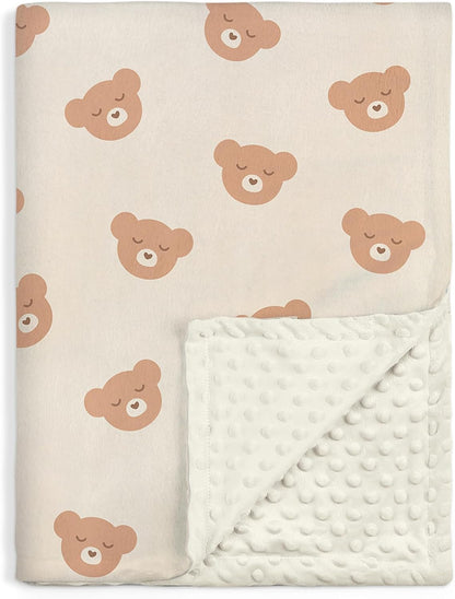 Bear Minky Baby Blanket 30 x 40 Inches for Boys Girls, Soft Plush Receiving Blanket with Dotted
