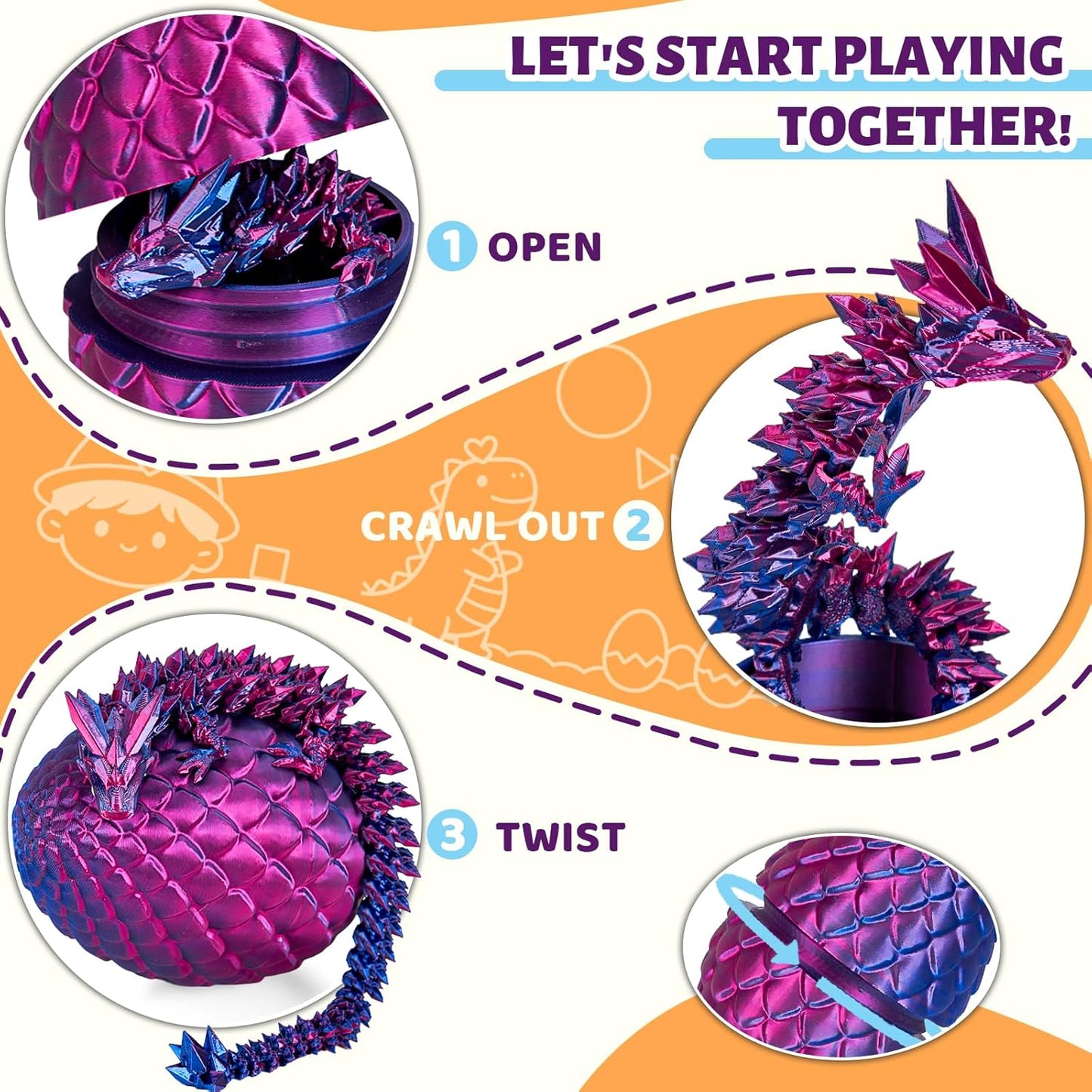 Cessfle 12" Prefilled Easter Dragon Eggs with 3D Printed Dragons Inside, 3D Printer Articulated Crystal Fidget Toy, Easter Basket Stuffers for 5-7 4-6 8-12 Year Old Boys Kid Teen Girls Adult