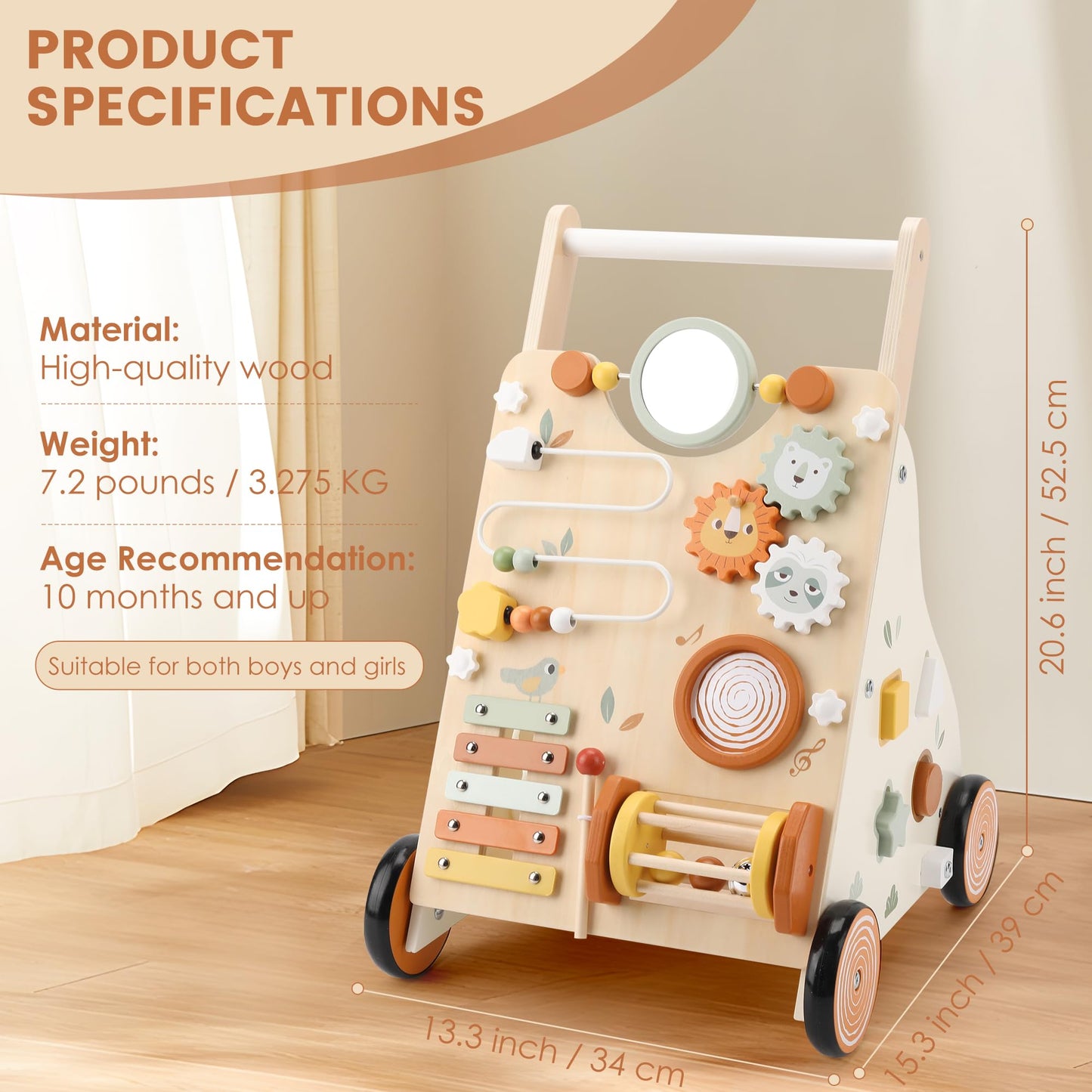 Pithfor Wooden Baby Walker, Baby Push Walker with Activity Center for Girls Boys, Montessori Push
