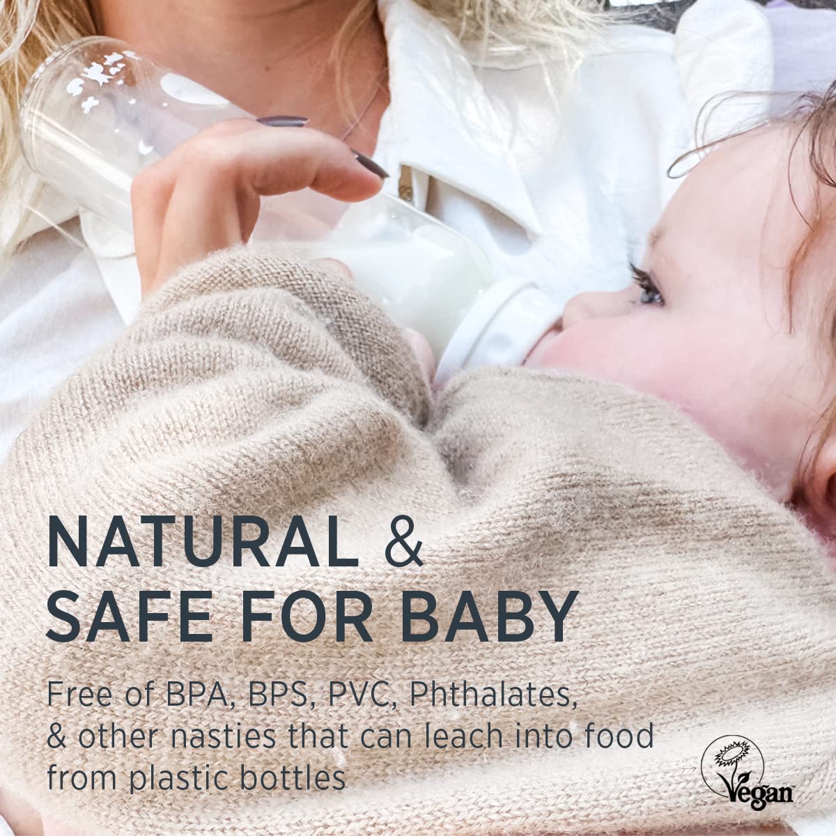 HEVEA Standard Neck Glass Baby Bottles - Natural Rubber Slow Flow Nipples - Anti Colic Baby Bottles