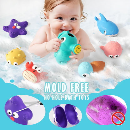 Mold Free Bath Toys for Toddlers 1-3, No Hole Ocean Animal Bathtub and Pool Toys with Mesh