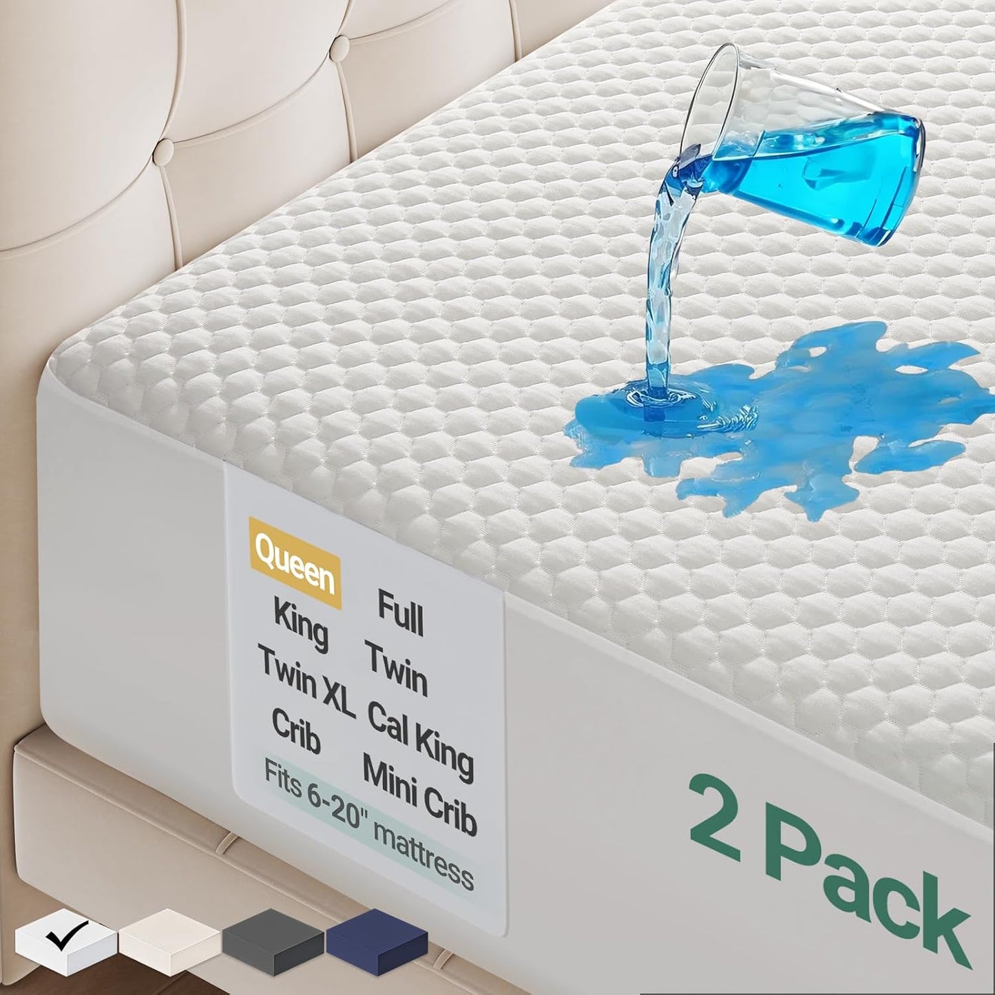 Ohgeni 100% Waterproof Mattress Protector, Queen Size-2 Pack, Fitted Sheet with Stretchable