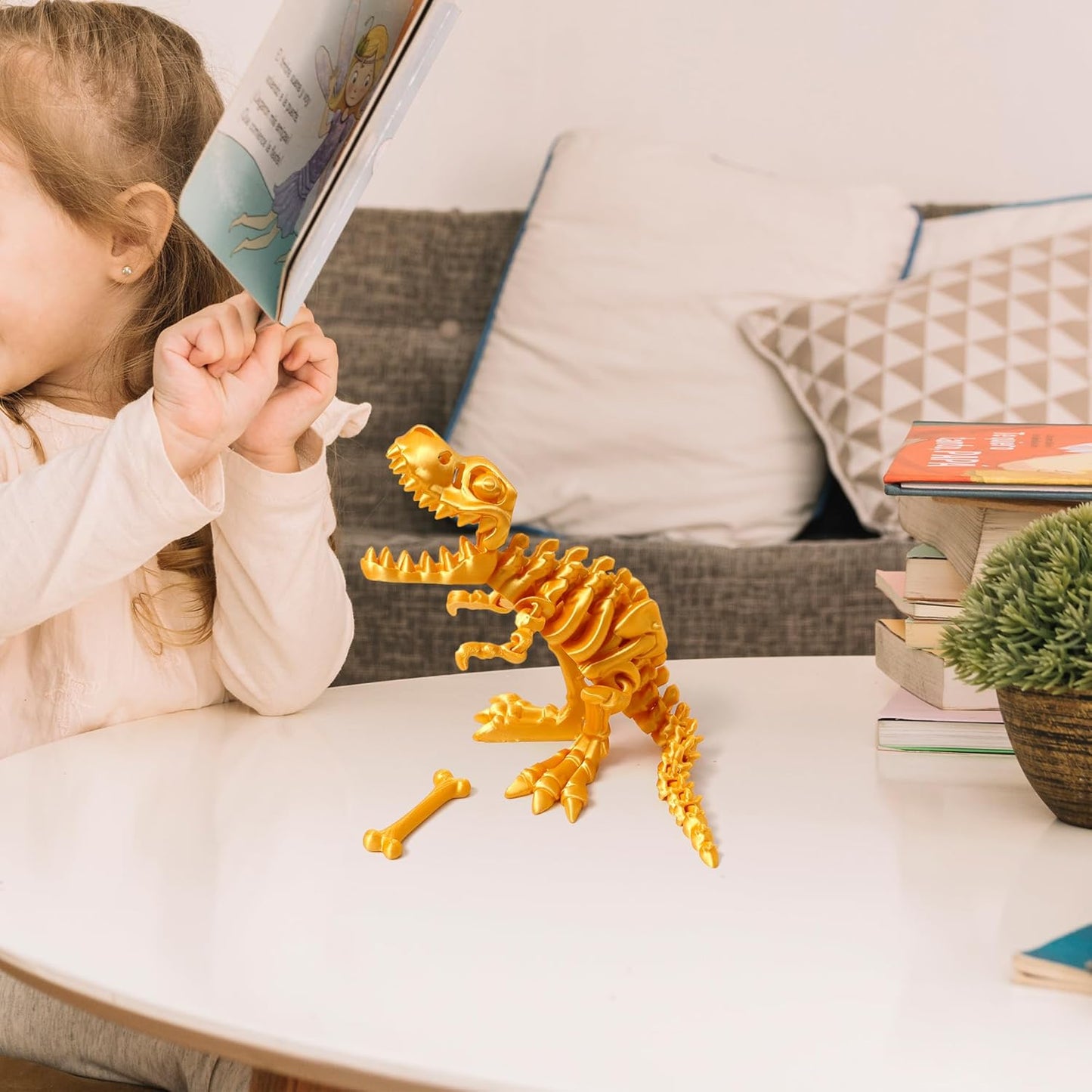 Flavery 3D Printed Dinosaur with Bones - 10 inch Flexible T-Rex Skeleton with Bones, 3D Fidget Toy, Birthday Gift, Dragon Collection, Desk Executive Toy - Gold