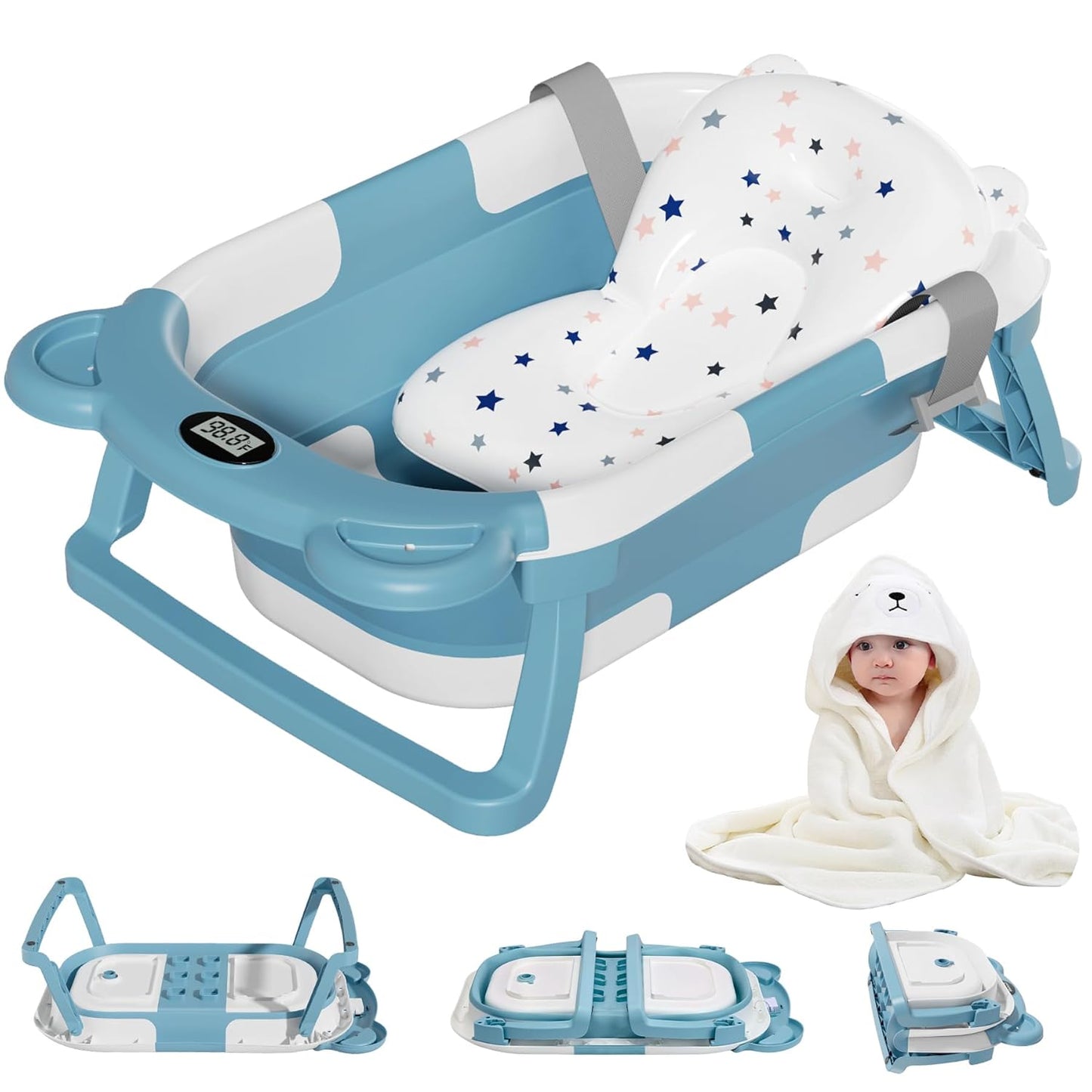 MoreFeel Collapsible Baby Bathtub for Newborn with Thermometer & 1 Hooded Towel & 1 Soft Floating
