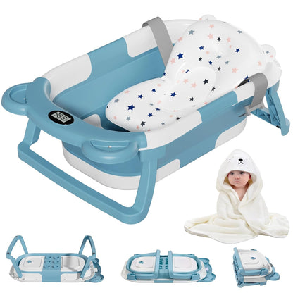 MoreFeel Collapsible Baby Bathtub for Newborn with Thermometer & 1 Hooded Towel & 1 Soft Floating