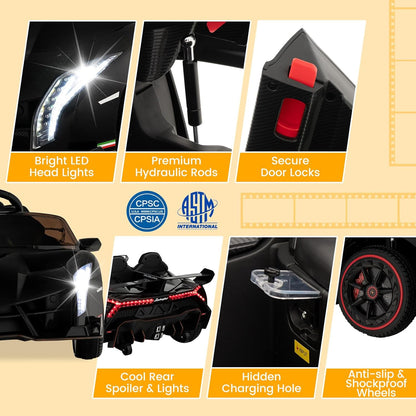 Costzon Ride on Car, Lamborghini Licensed 12V Battery Powered 4WD Sports Car with Remote Control, 3 Speeds, Hydraulic Doors, LED Lights, Towing Wheel, Horn, Music, Electric Vehicle for Kids Aged 3-8