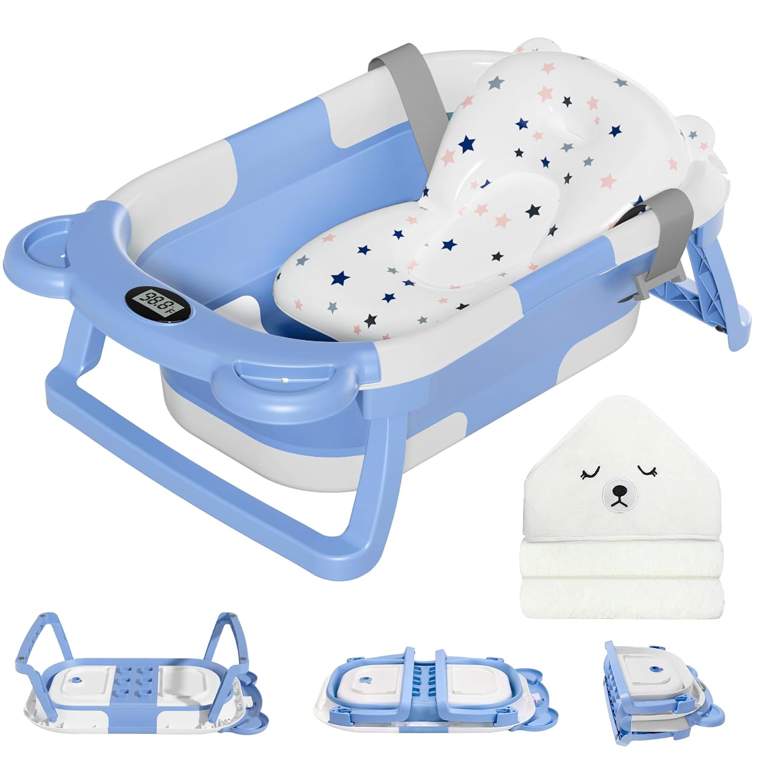 MoreFeel Collapsible Baby Bathtub for Newborn with Thermometer & 1 Hooded Towel & 1 Soft Floating