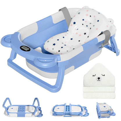 MoreFeel Collapsible Baby Bathtub for Newborn with Thermometer & 1 Hooded Towel & 1 Soft Floating