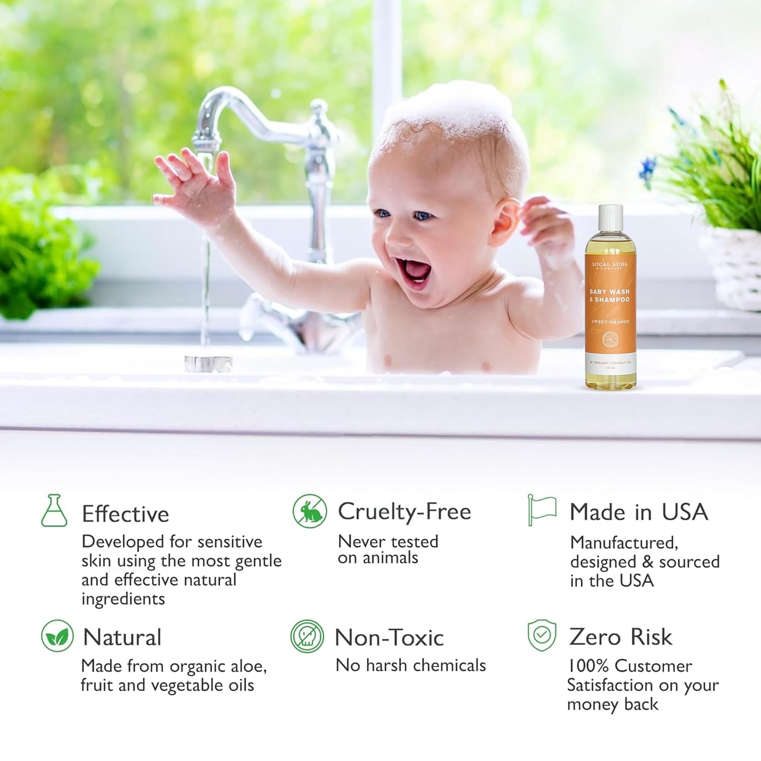 SoCal Suds & Company Baby Shampoo & Body Wash, 2-in-1 Organic Gel - Gentle Castile Soap with