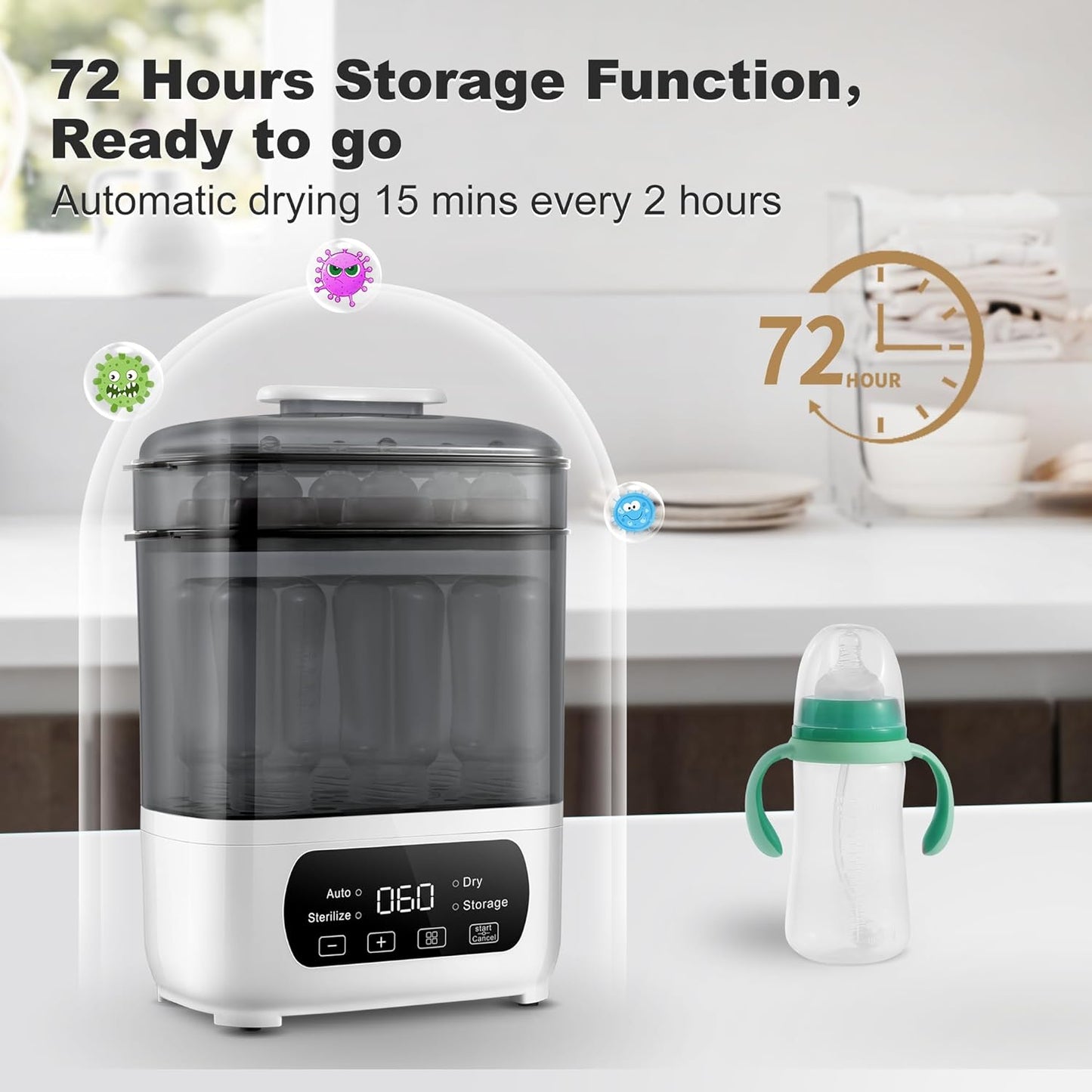 Baby Bottle Steamer and Dryer, Electric Steamer and Dryer for Baby Bottles, 4-in-1 Bottle Steamer