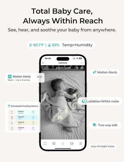 VistaView Lite RB Smart WiFi Baby Monitor with 2 Cameras - 4” 720P Split Screen & 1080P Camera App Control, Motion Alerts, 2500mAh Removable Battery, Night Vision, Multi-User, Triple Security
