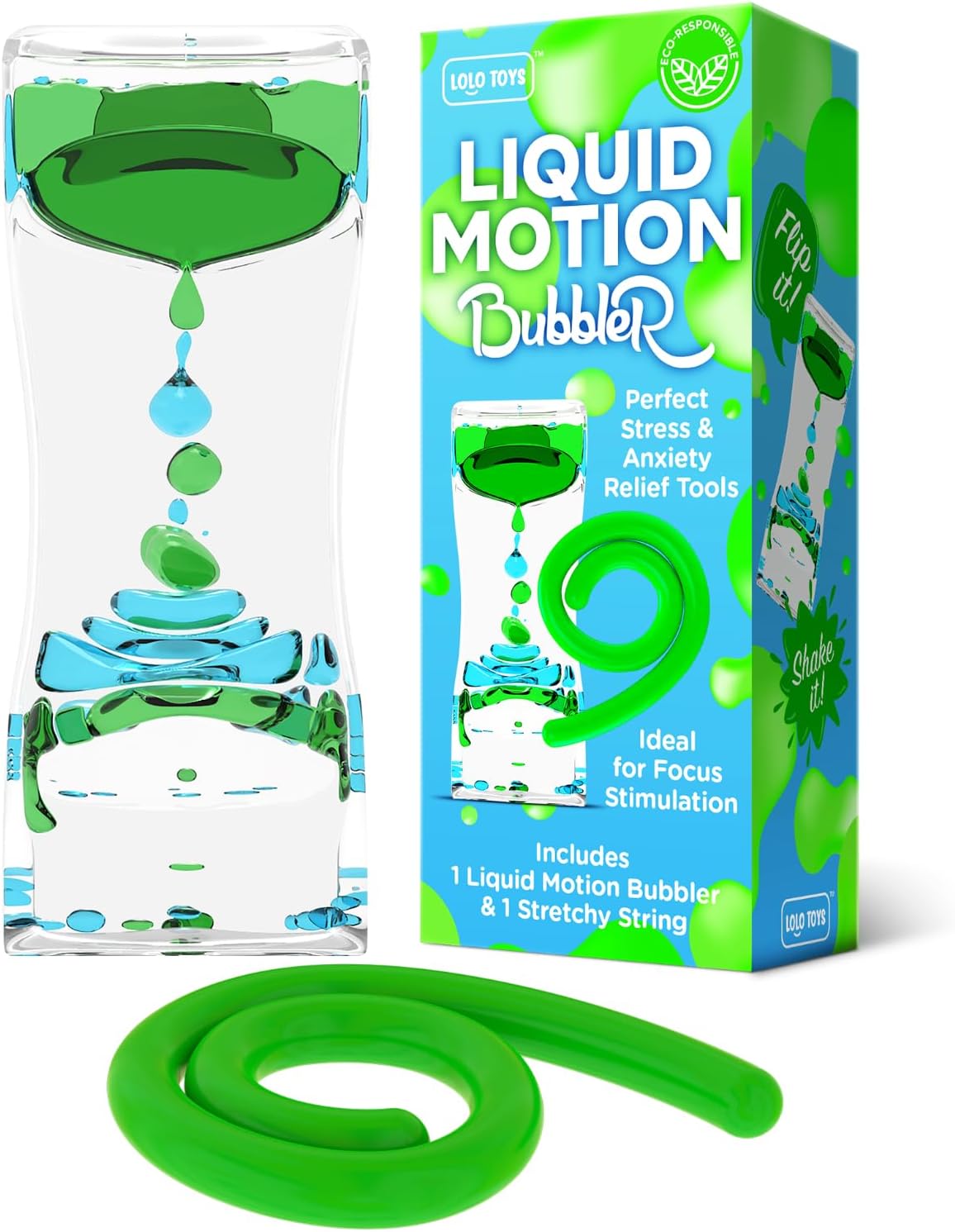 Liquid Motion Bubbler Sensory Toys – 2 Pc Set Bundle Stretchy String Fidget Toys Timer for Stress Relief and Anxiety Relief Great Water Oil Toy for ADHD Autism ADD Hyperactivity Relaxation figit Green
