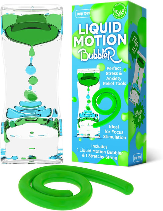 Liquid Motion Bubbler Sensory Toys – 2 Pc Set Bundle Stretchy String Fidget Toys Timer for Stress Relief and Anxiety Relief Great Water Oil Toy for ADHD Autism ADD Hyperactivity Relaxation figit Green