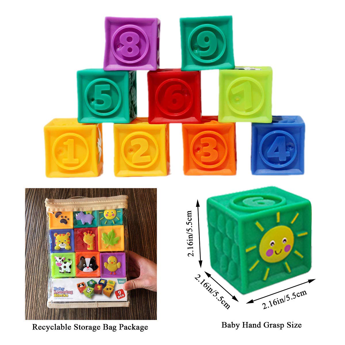 Kingtree Baby Blocks, 9PCS Soft Squeeze Building Blocks Stacking Toys for 6+ Months Babies, Baby