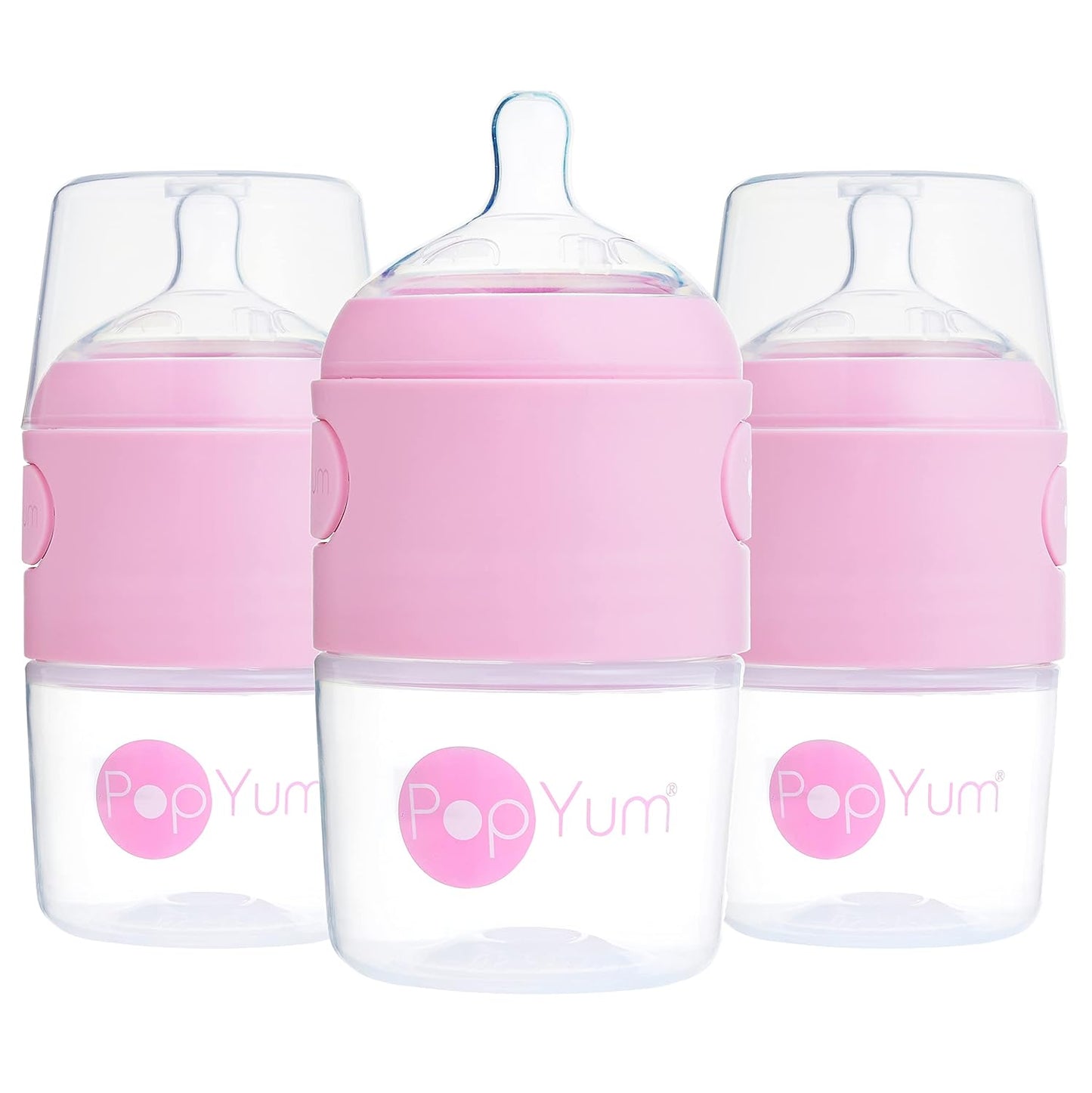 PopYum 5 oz Pink Anti-Colic Formula Making/Mixing/Dispenser Baby Bottles, 3-Pack with #1 Slow Flow
