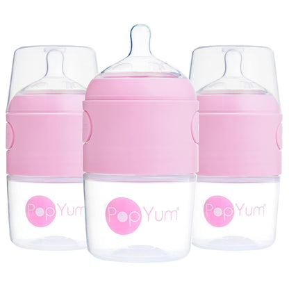 PopYum 5 oz Pink Anti-Colic Formula Making/Mixing/Dispenser Baby Bottles, 3-Pack with #1 Slow Flow