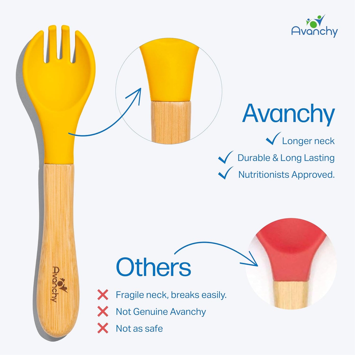 Avanchy Baby Fork Set, Bamboo and Silicone Spork Utensils, Toddler Baby Led Weaning Silverware Cutlery Flatware, Kids First Self Feeding, 2 Pack, Gray