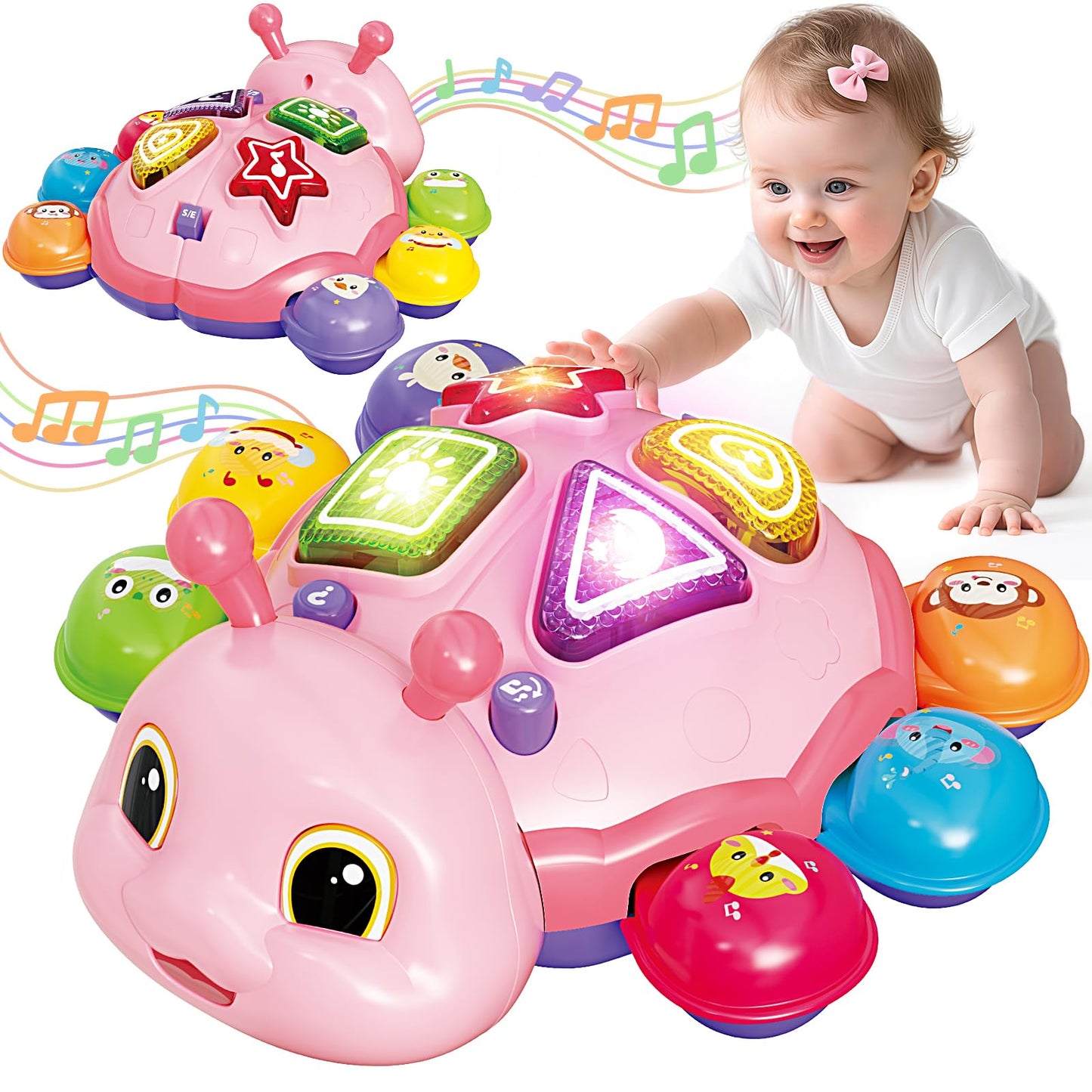 Baby Toys 6-12 Months, Musical Crawling Infant Toys with Lights Sound, Pink