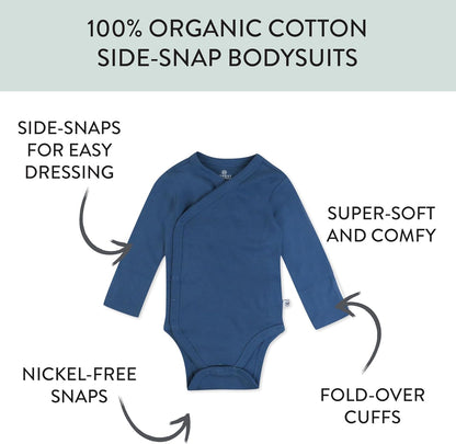 HonestBaby unisex-baby 3-pack Long Sleeve Side-snap Kimono Bodysuits Organic Cotton for Infant Baby Boys, Girls, Unisex