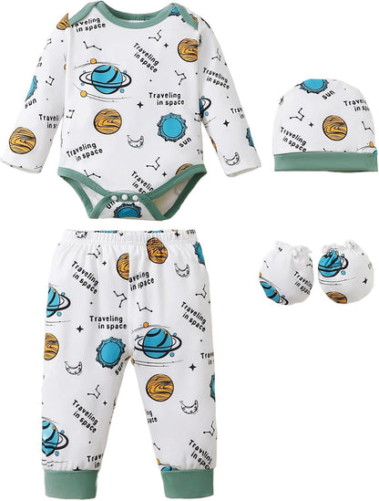 NZRVAWS Newborn Baby Boy Girl Clothes Unisex Infant Romper Pants Set Hat 4-Pack Outfits 0-12 Months 16 Pieces Toddler