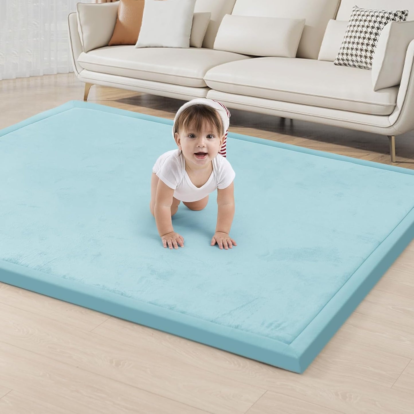 ACOMOPACK Baby Play Mat for Floor 1.3" Thick Memory Foam Play Mat 79"×157 Tummy Time Crawling with Non-Slip Bottom for Living Room,Nursery,Soft Velvet Playpen Mats for Kids,Infants（Light Blue）